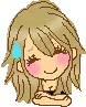 Anime girl with blonde hair blushing and smiling with a large blue sweat drop on her forehead.