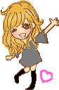 A blonde girl in a gray dress waving her hand with a happy expression while pink hearts float nearby.