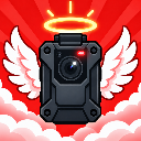 A black body camera with white angel wings and a golden halo floating against a red background with white clouds.