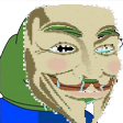 Frog face wearing a white Guy Fawkes mask with a mischievous grin.