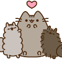 Pusheen and two fluffy cats smiling together under a pink heart icon.