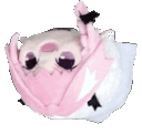 Four identical anime heads with pink hair and happy expressions are oriented upside down in a horizontal row.