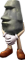 A stone Moai head attached to a cartoon body wearing white gloves and brown shoes.