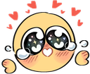 A round yellow smiley face with large, sparkling eyes and a heart-shaped mouth, surrounded by floating pink hearts.
