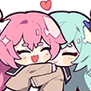Two anime girls with pink and blue hair embracing in a happy hug with a heart floating above them.