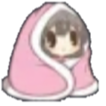 A cute anime character wrapped tightly in a pink blanket with only their head visible.