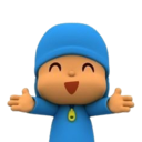 Pocoyo with a happy expression reaching out with both arms open for a hug.