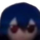 Anime character face with glowing red eyes emerging from a dark blue background.