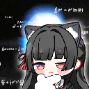 Anime girl with cat ears looking confused while mathematical equations float in the background.