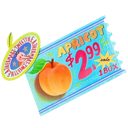 A blue price tag featuring a cartoon apricot and the text $2.99.