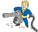 Vault Boy loading and firing a large minigun with an intense expression.