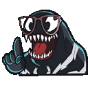 A black, sharp-toothed monster wearing glasses raises one finger while opening its mouth to speak.