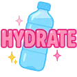 A blue water bottle centered behind the bold pink text HYDRATE with sparkling accents.