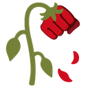 A green rose stem with leaves ending in a red clenched fist instead of a flower bud.