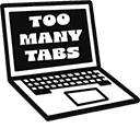 A white line-art laptop with a black screen displaying the white text TOO MANY TABS.