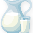 A blue-tinted pitcher and a matching glass filled with white milk.