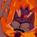 An anthropomorphic purple cat with an angry expression surrounded by bright orange flames.