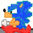 A pixelated blue character with orange features running quickly against a white background.