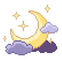 Crescent moon glowing with small stars resting behind soft purple clouds in a pixel art style.