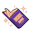 A purple pixel art book open with golden sparkles floating around it.