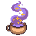 A brown cup emitting a swirling purple vapor with glowing yellow stars in a pixel art style.