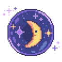 Crescent moon with a simple face floating in a dark purple starry sky.