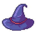 A purple pointed wizard hat with a red band rendered in pixel art style.