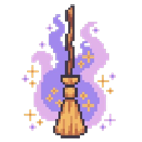 Broomstick standing upright with a purple magical aura and yellow sparkles around it.
