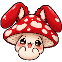 A cute mushroom with red and white spotted cap and long bunny ears smiling happily.