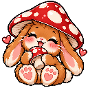 A fluffy brown bunny with a red mushroom cap on its head, smiling happily while holding a small mushroom with hearts floatin…