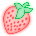 Strawberry with bright red body and green leaves on a solid red background.