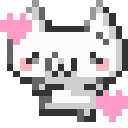 A white pixelated creature jumping up and down with pink hearts appearing around it.