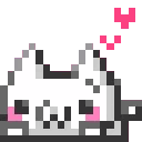 Two white pixel art cats lying down with pink hearts floating above them.