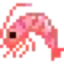 Shrimp depicted in a simple pixel art style with a pink body and a dark eye.