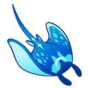 A glowing blue stingray with geometric patterns swimming through the air.