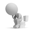 A white 3D humanoid figure sitting on a toilet with its head resting on its hand in a pose of deep thought.