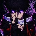 Anime boy with dark hair and glowing purple eyes holding a finger to his lips in a shush gesture.