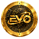 A golden coin with a metallic finish and the letters EVO engraved in the center.