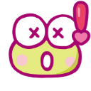A light green frog character with X-shaped eyes and an open mouth, featuring a pink heart-shaped exclamation point to its ri…