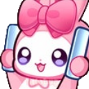 A cute pink bunny with a large bow on its head cheering with blue pom-poms.
