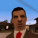 Mr. Bean wearing a brown suit and red tie with a confused expression in a low-poly video game style.
