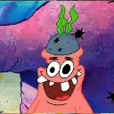 Patrick Star with a wide, toothy, unhinged grin and a rock hat with seaweed on his head.