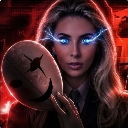 A woman holds a creepy, stitched-up mask in front of her face while her eyes glow with intense blue electricity.