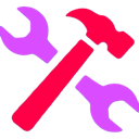 Hammer and wrench crossed in neon pink and purple pixel art style.