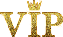 Gold metallic letters spelling VIP topped with a small crown against a black background.