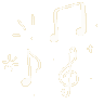 Musical notes and a treble clef surrounded by small white sparkles on a black background.