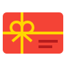 A red rectangular gift card decorated with a yellow ribbon and bow.