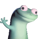 A 3D green lizard with large pink-rimmed eyes waving its hand with a goofy expression.