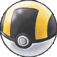 A spherical capture device featuring a black center stripe, yellow sides, and a white bottom half.