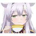 Sistine Fibel with long purple hair looking smug while sipping tea from a gold-rimmed cup.